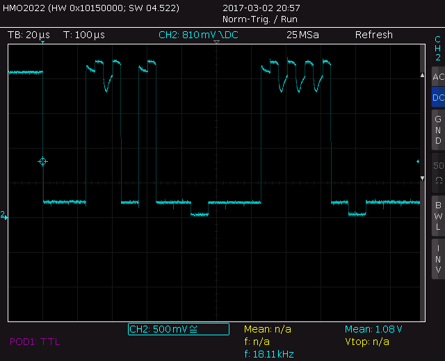 The wrong looking trace of SDA on the 1.8 V side of the level translator